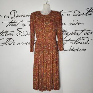 Vintage 80s Karin Stevens Petites Brick Red Paisley Tea Lenth Dress, 6